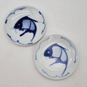 Blue & White Fish Porcelain Plates Set Of 2